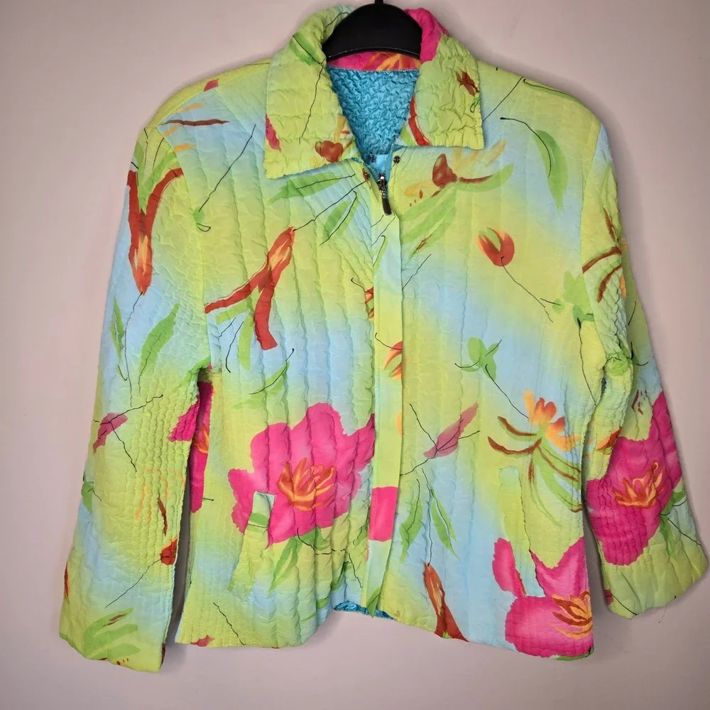 UBU Reversible Y2K Crinkle Jacket Womens Medium Green Pink Blue Zip Front - Picture 2 of 12